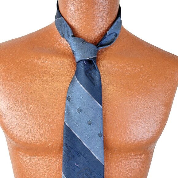 Vintage 70s Blue Silk Neck Tie Men Accessories Geometric Embroidered Formal Work - Picture 3 of 16